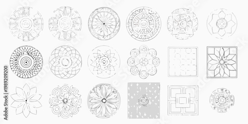 Billede på lærred Collection of hand drawn circular and square ornamental design sketches