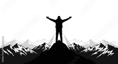 Man standing on mountain peak triumphantly.