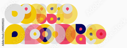 Abstract colorful circles overlap, creating playful geometric composition. Bright hues dominate design, evoking modern aesthetic.