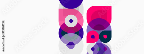 Abstract composition featuring overlapping circles, varying shades purple, pink, gray. Minimalist design, clean lines, modern aesthetic.