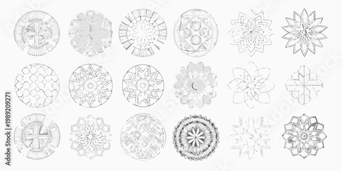 Collection of intricate circular designs and floral mandala sketches