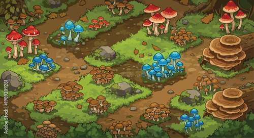Fantasy forest mushroom collection, isometric game assets with magic fungi and toadstools, colorful woodland nature environment vector set