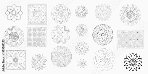 Collection of intricate hand drawn mandala designs in grayscale