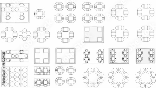Billede på lærred Architectural floor plans showcasing various table and seating arrangements