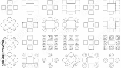 Overhead view of various table and chair arrangements in a grid