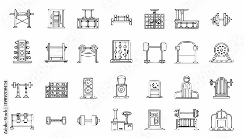 Line art illustration of various gym equipment and fitness machines