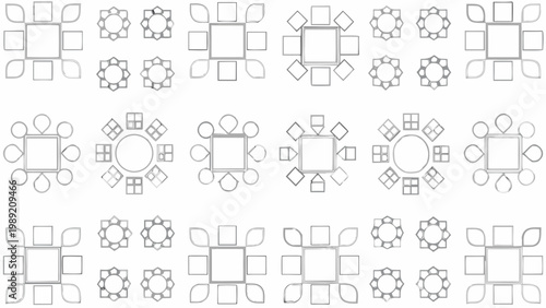 Geometric patterns of squares diamonds and floral shapes in grayscale
