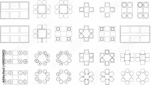 Architectural floorplans showing various table arrangements and room layouts