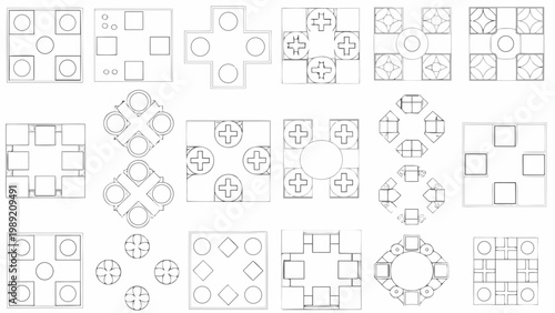 Collection of geometric patterns resembling aerial views of buildings