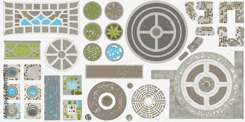 Overhead view of various garden and landscape design elements