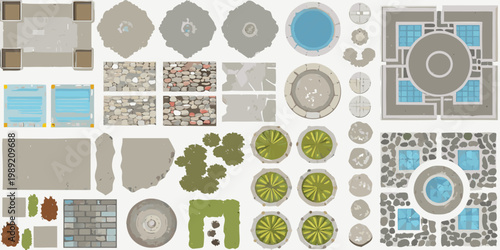 Overhead view of various game tiles for a fantasy environment