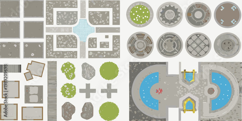 An overhead view displaying various tileable game assets for landscapes
