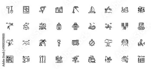 Adventure icon set. Vector outdoor activity symbols. Includes shovel, GPS, parachute, camera, climbing, hiking, backpack, compass, map and more.