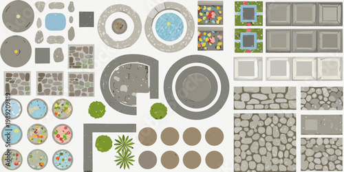 Collection of top down views depicting various stone and tile patterns