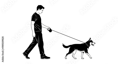 Man walking dog on leash outside.