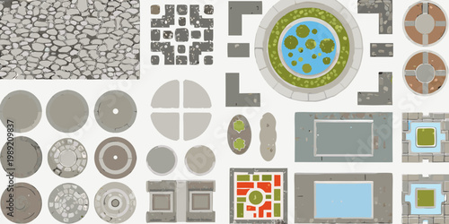 Assortment of isometric game tiles for building landscapes and environments