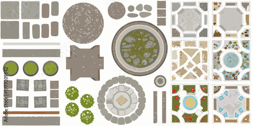 Overhead view of various garden and patio tile arrangements