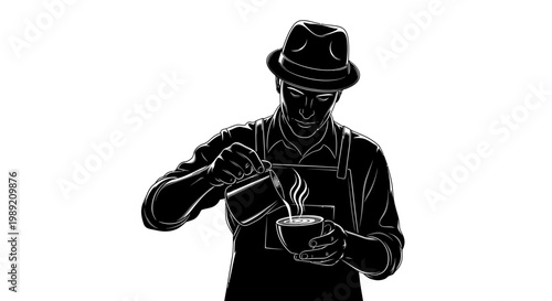 Man in hat holding coffee mug.