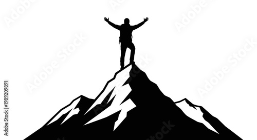 Man standing on mountain peak triumphantly.