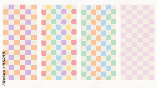 Four vertically arranged panels with colorful wavy checkerboard patterns
