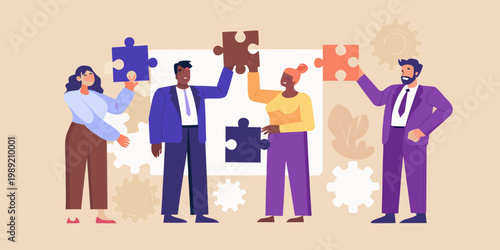 Teamwork and collaboration diverse people connecting puzzle pieces together