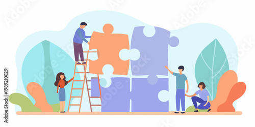 Teamwork concept people collaborating to fit puzzle pieces together