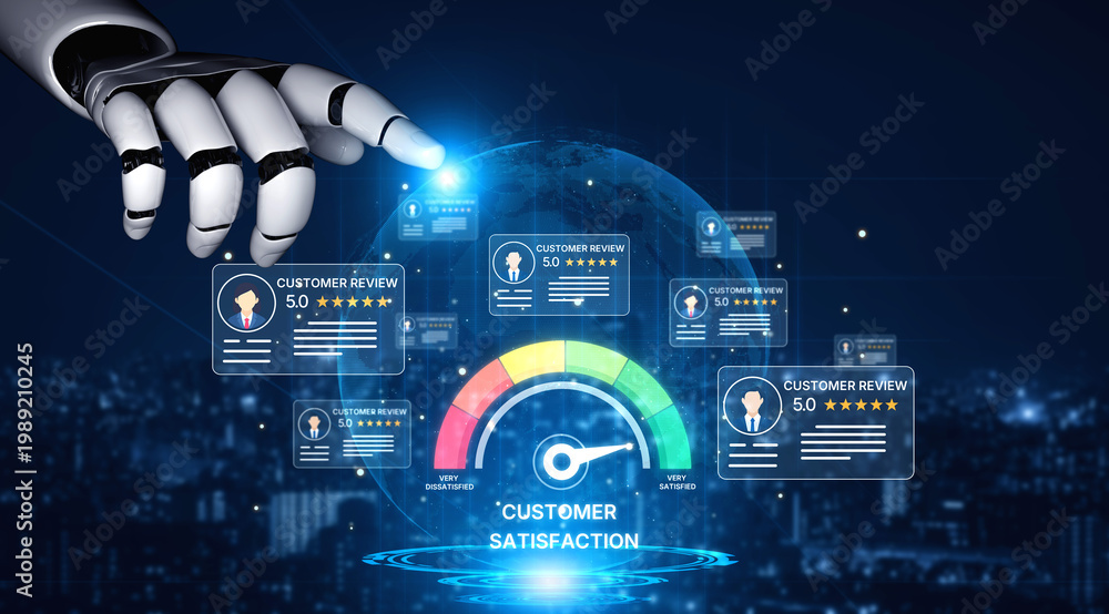Obraz premium AI analyzes customer reviews using smart sentiment tools and real-time feedback evaluation to improve satisfaction and brand trust. Artificial intelligence spline