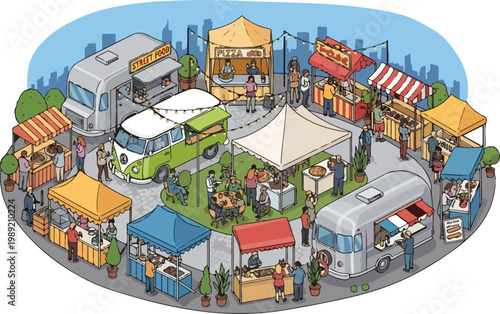Street food festival vector illustration with food trucks and market stalls. Outdoor summer fair event with people eating at kiosks. Urban gastronomy park with diverse vendors.