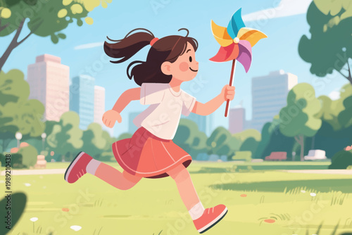 Cartoon child running in urban park holding colorful pinwheel with grass, trees, and tall buildings.