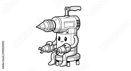 Robot sitting on stool with drill.