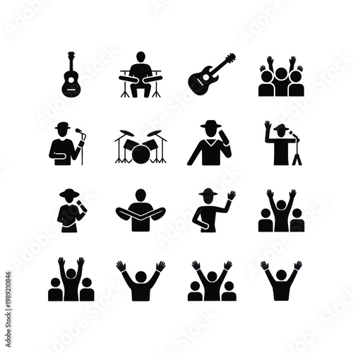 Set of 16 Black Music Band and Audience Silhouettes Vector Icons