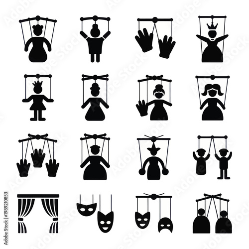 Set of 16 Black Puppet and Marionette Silhouettes Vector Icons
