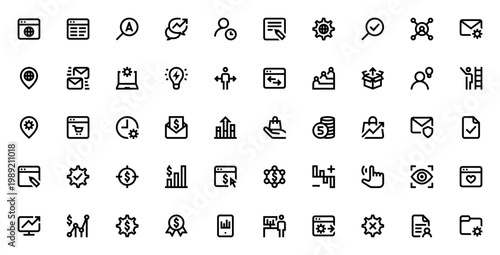 Marketing & Growth icon set. Vector business icons pack. Includes symbols for website, social media, analytics, sales, SEO, content, and more. Editable stroke.