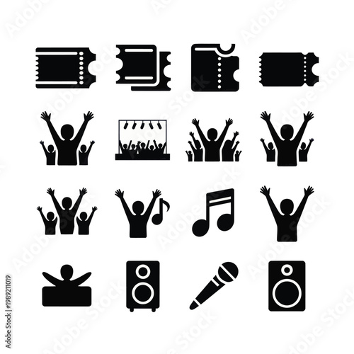 Set of 16 Black Concert and Music Event Vector Icons