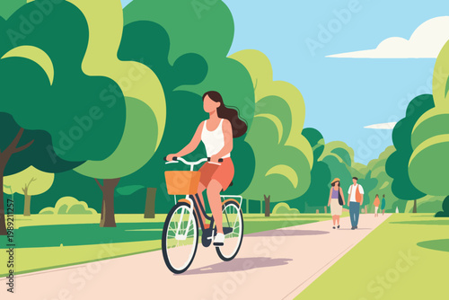 Cartoon cyclist riding bicycle with basket on park path, green trees, grass, and sunny blue sky.