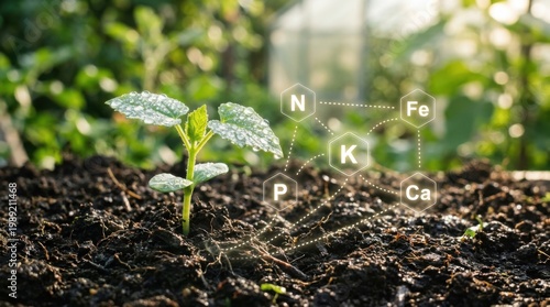 Young plant sprout in soil with digital nutrient icons and symbols