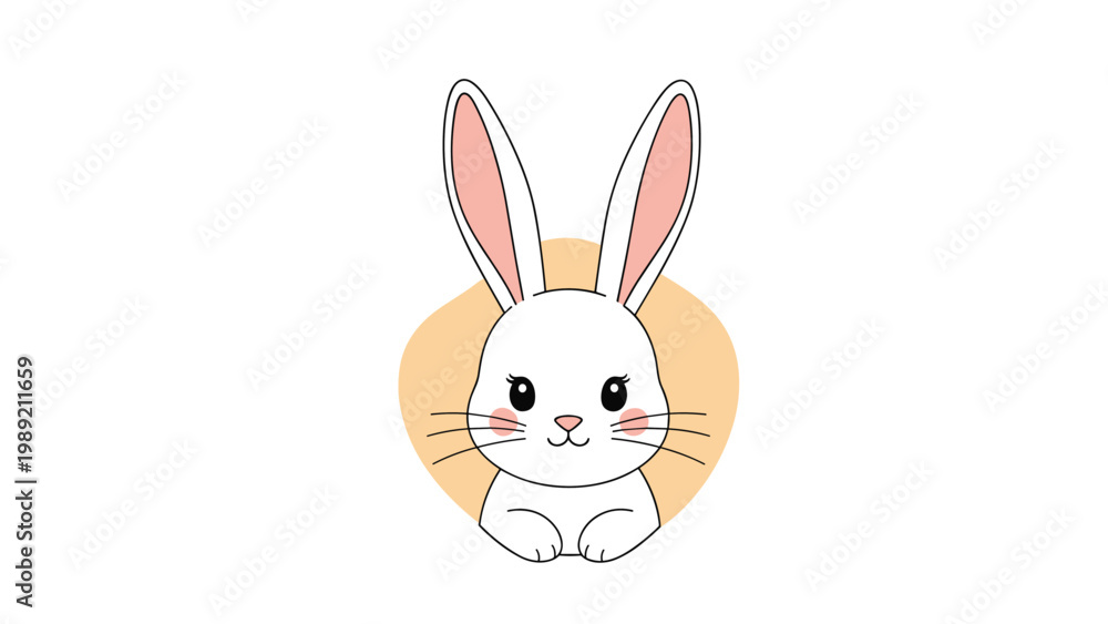 Fototapeta premium Adorable white rabbit head with long ears and pink cheeks inside an orange circle on a clean white background for children.