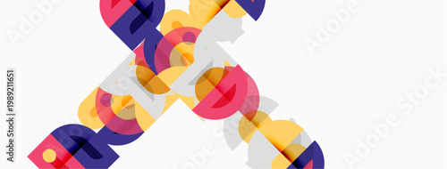 Abstract colorful shapes overlap, creating dynamic visual texture. Bright hues contrast against white background. Modern design element.