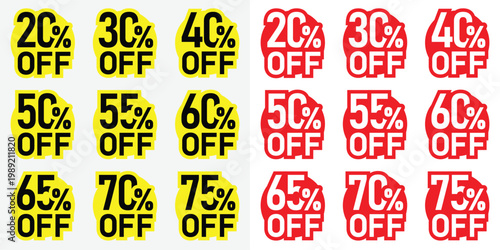 Discount and Offer stickers of 20, 30, 40, 50, 55, 60, 65, 70 and 75 percent Off, yellow and red color with white Backgroud.