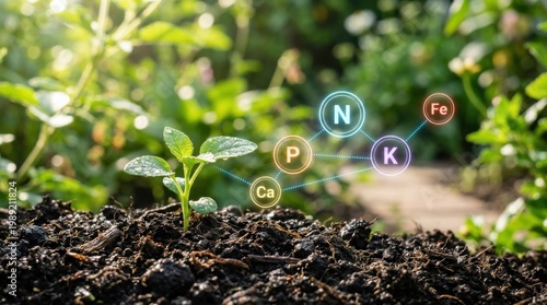 Sprouting plant in dark earth with floating chemical element symbols