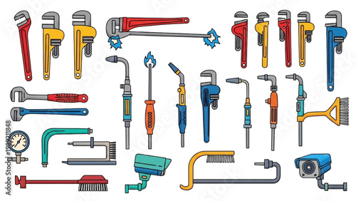 Boiler Maintenance Tool and Repair Vector Icon Set: Pipe Wrench, Welding Torch, and Industrial Plumbing Equipment in Colorful Flat Technical Style