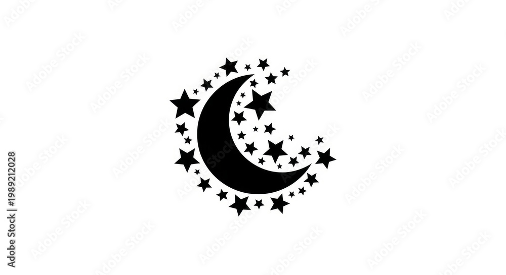 Fototapeta premium Crescent moon, starry night, celestial icon, black silhouette, astronomy symbol