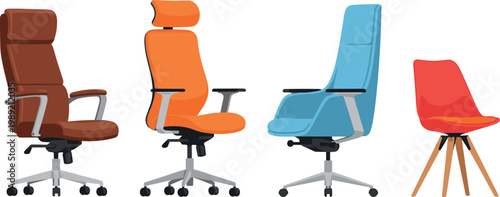 Office chairs collection vector set ergonomic seating furniture modern swivel and wooden chair isolated illustration bundle