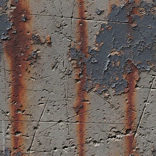 Rusty metal rods on cracked concrete surface with weathered texture and corrosion