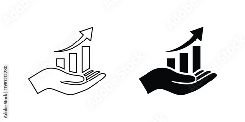 Financial growth and protection hand holding rising bar graph icon set