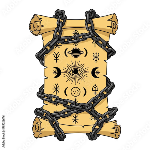 Ancient scroll with occult symbols and chains, mystical, esoteric, magic, mystery