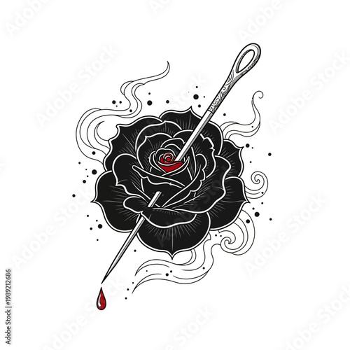 Black rose pierced by needle, single drop of blood, smoke, tattoo art style