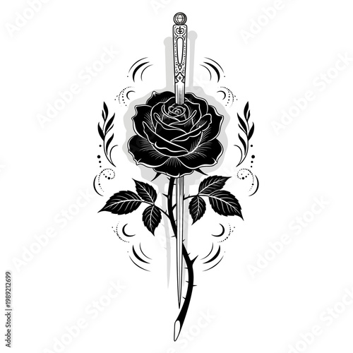 Black rose pierced by ornate dagger, mystical tattoo design