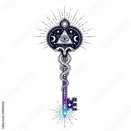 Esoteric Key with Eye of Providence, Moon, Stars and Snake
