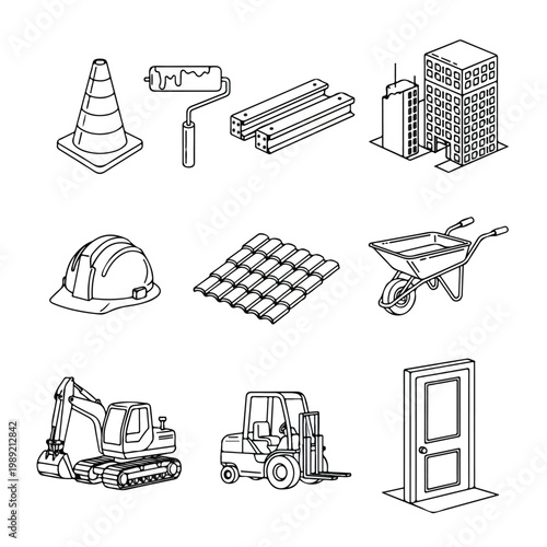 A collection of black and white isometric line drawings featuring various construction tools, heavy machinery, and architectural elements.
